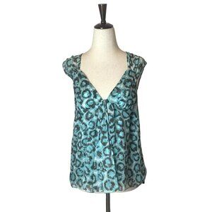 Diane Von Furstenberg Blue Geometric Print V Neck And Back‎ Silk Blouse Size 12